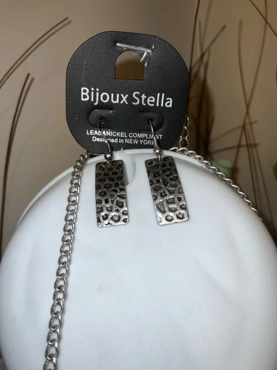 Bijoux Stella Silver Black Hammer Statement Layered Necklace Earring SET NEW - Picture 2 of 16